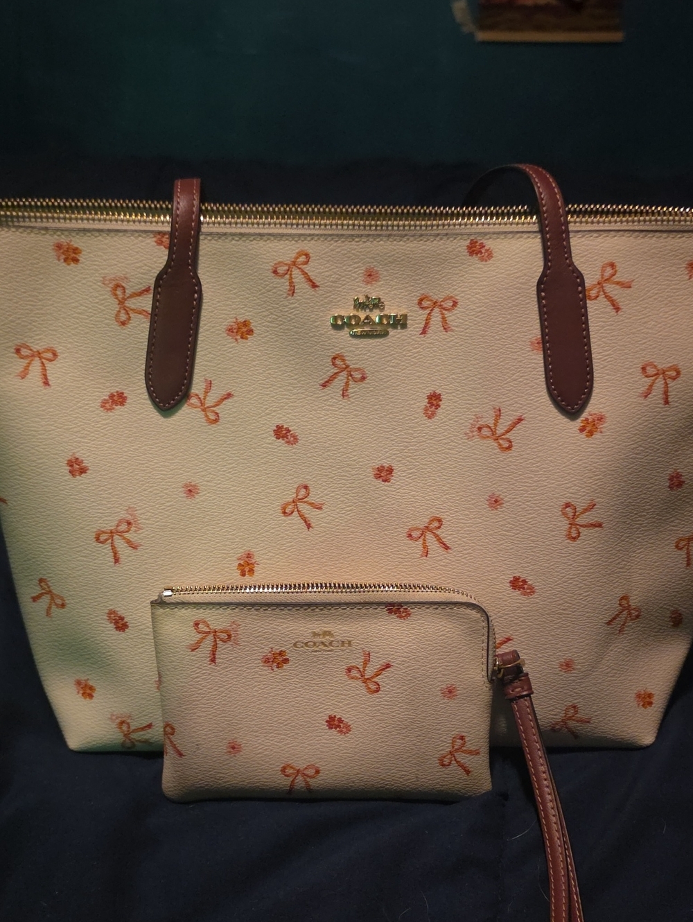 Coach Cream Tote with Pink Bow & Floral Print